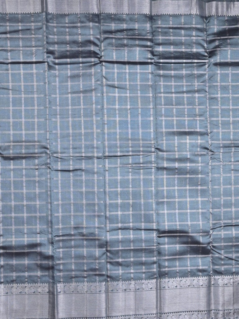 Mangalagiri fancy saree grey color allover zari checks & kanchi border with stripes pallu and contrast blouse