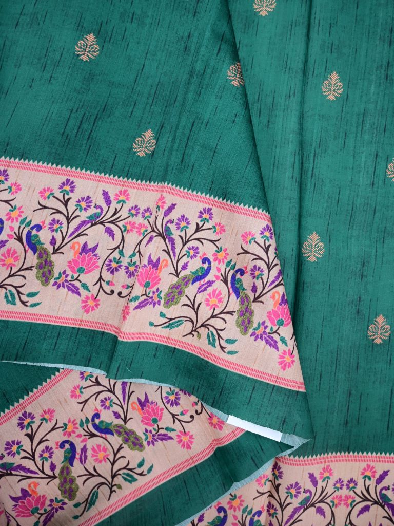 Tussar fancy saree dark green color allover prints & paithani border with short pallu and printed blouse