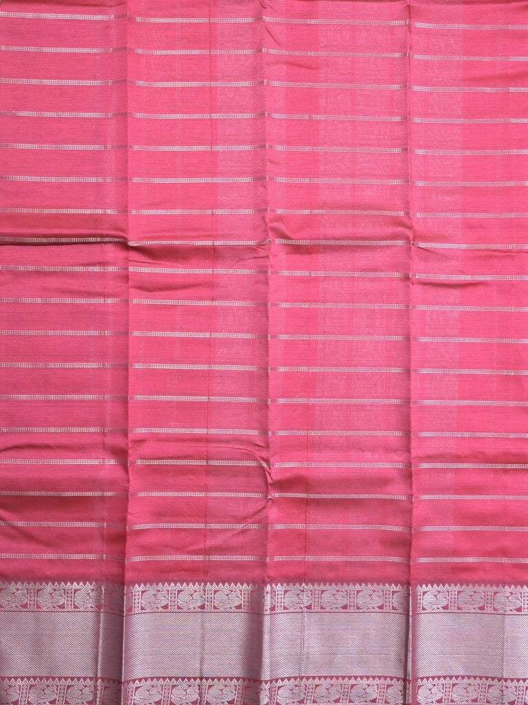 Mangalagiri fancy saree grey color allover zari checks & kanchi border with stripes pallu and contrast blouse