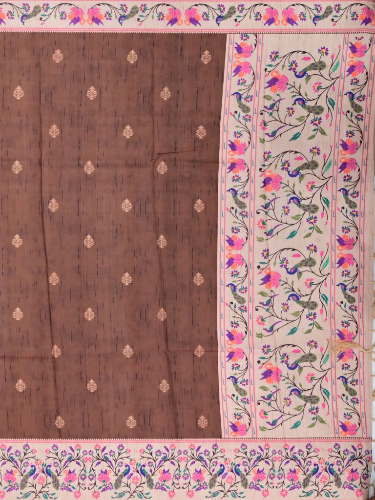 Tussar fancy saree brown color allover prints & paithani border with short pallu and printed blouse