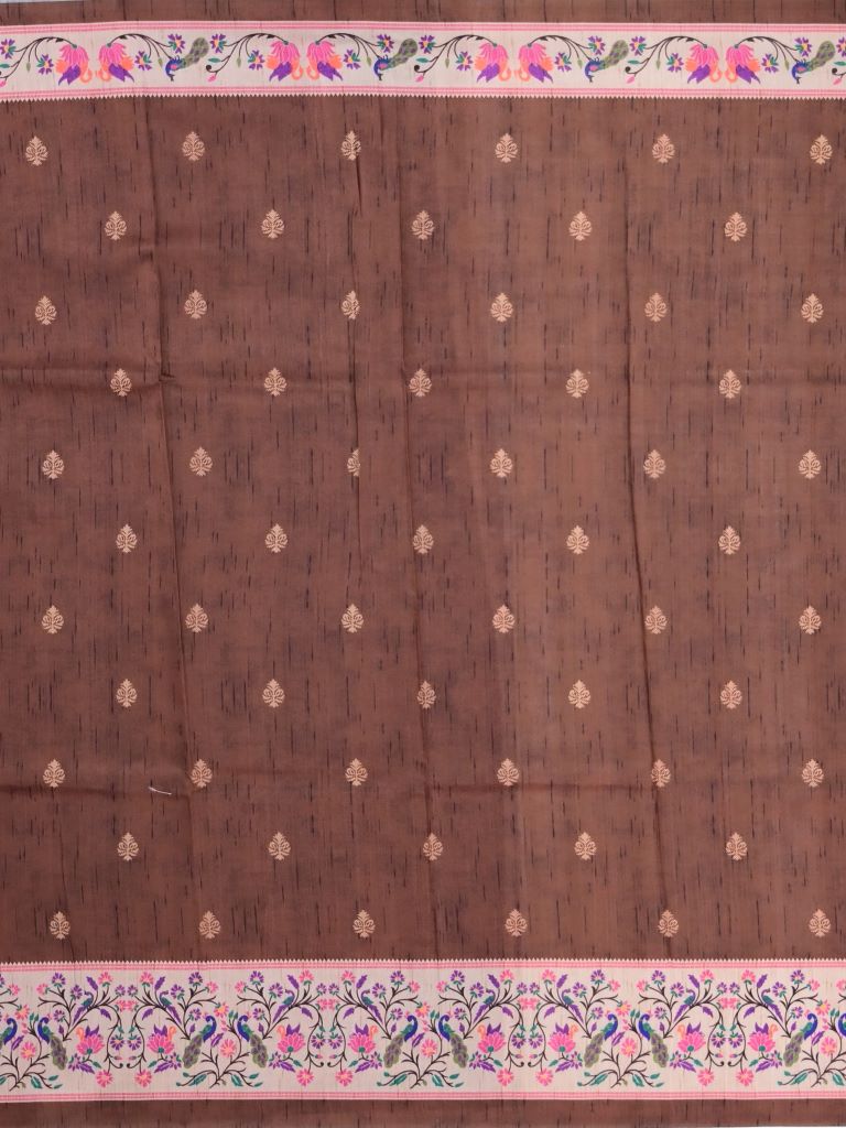 Tussar fancy saree brown color allover prints & paithani border with short pallu and printed blouse