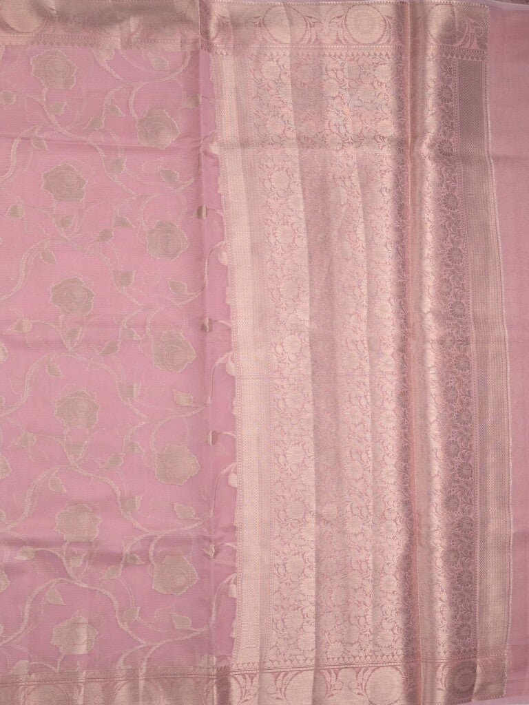 Chanderi kora fancy saree baby pink color allover zari weaves & zari border with brocade pallu and attached brocade blouse