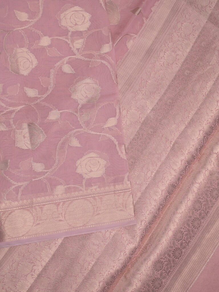 Chanderi kora fancy saree baby pink color allover zari weaves & zari border with brocade pallu and attached brocade blouse