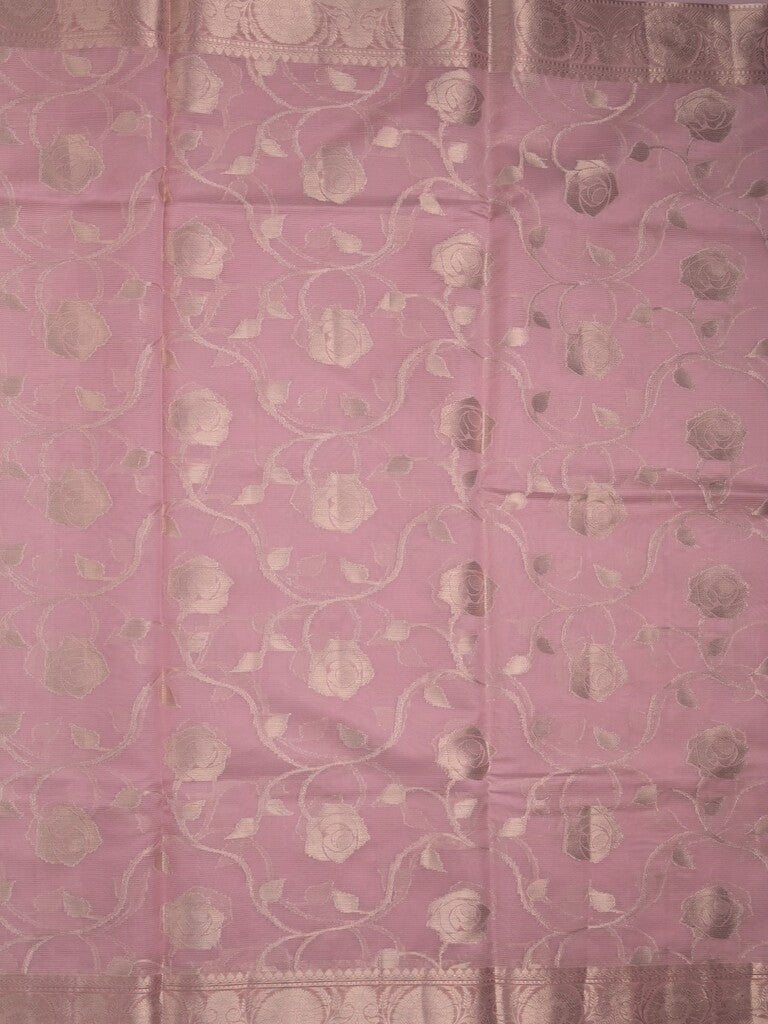 Chanderi kora fancy saree baby pink color allover zari weaves & zari border with brocade pallu and attached brocade blouse