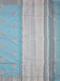 Chanderi kora fancy saree sky blue color allover zari weaves & zari border with brocade pallu and attached brocade blouse