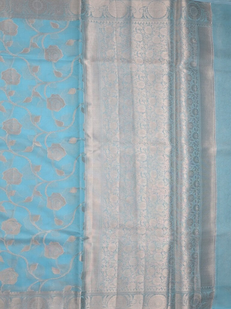 Chanderi kora fancy saree sky blue color allover zari weaves & zari border with brocade pallu and attached brocade blouse