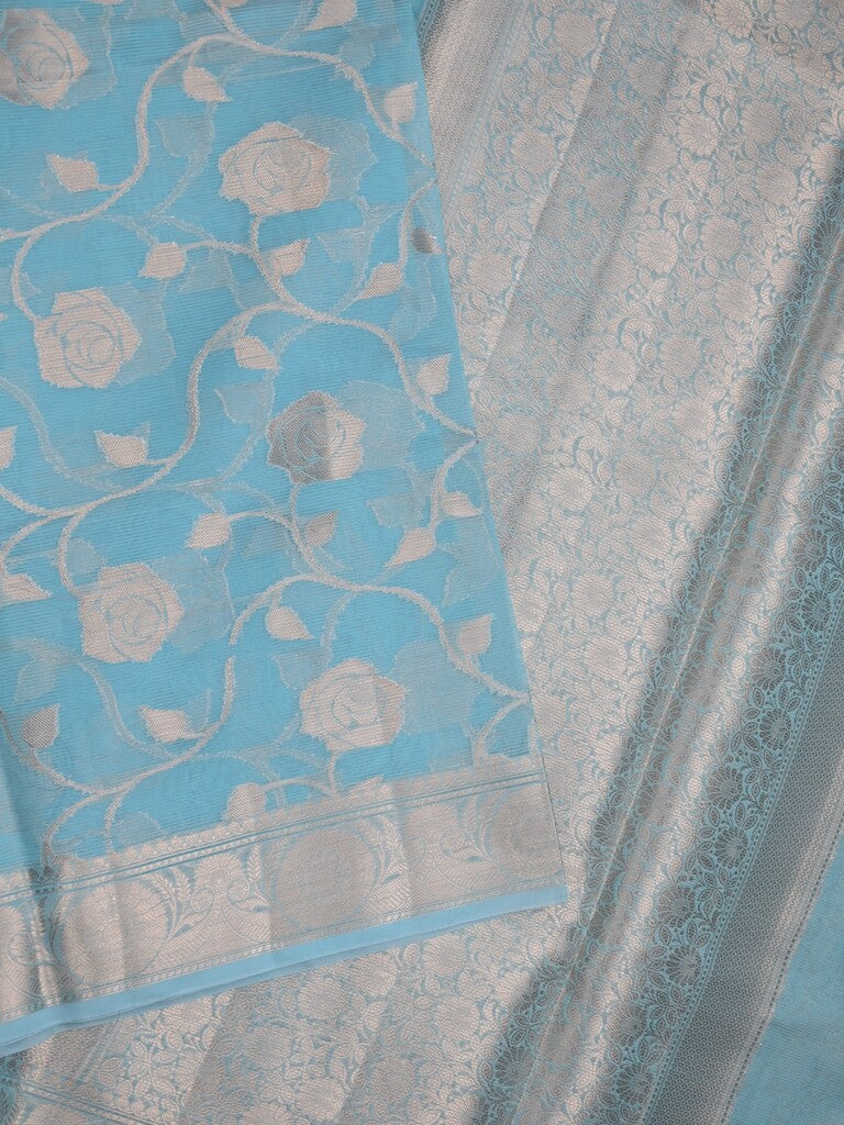 Chanderi kora fancy saree sky blue color allover zari weaves & zari border with brocade pallu and attached brocade blouse