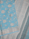Chanderi kora fancy saree sky blue color allover zari weaves & zari border with brocade pallu and attached brocade blouse
