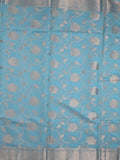 Chanderi kora fancy saree sky blue color allover zari weaves & zari border with brocade pallu and attached brocade blouse