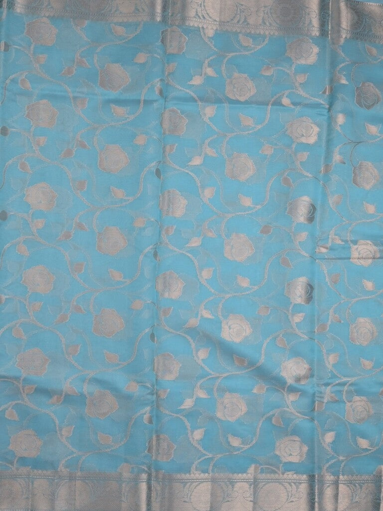 Chanderi kora fancy saree sky blue color allover zari weaves & zari border with brocade pallu and attached brocade blouse