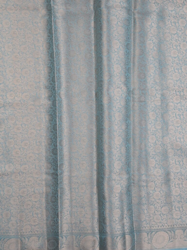 Chanderi kora fancy saree sky blue color allover zari weaves & zari border with brocade pallu and attached brocade blouse