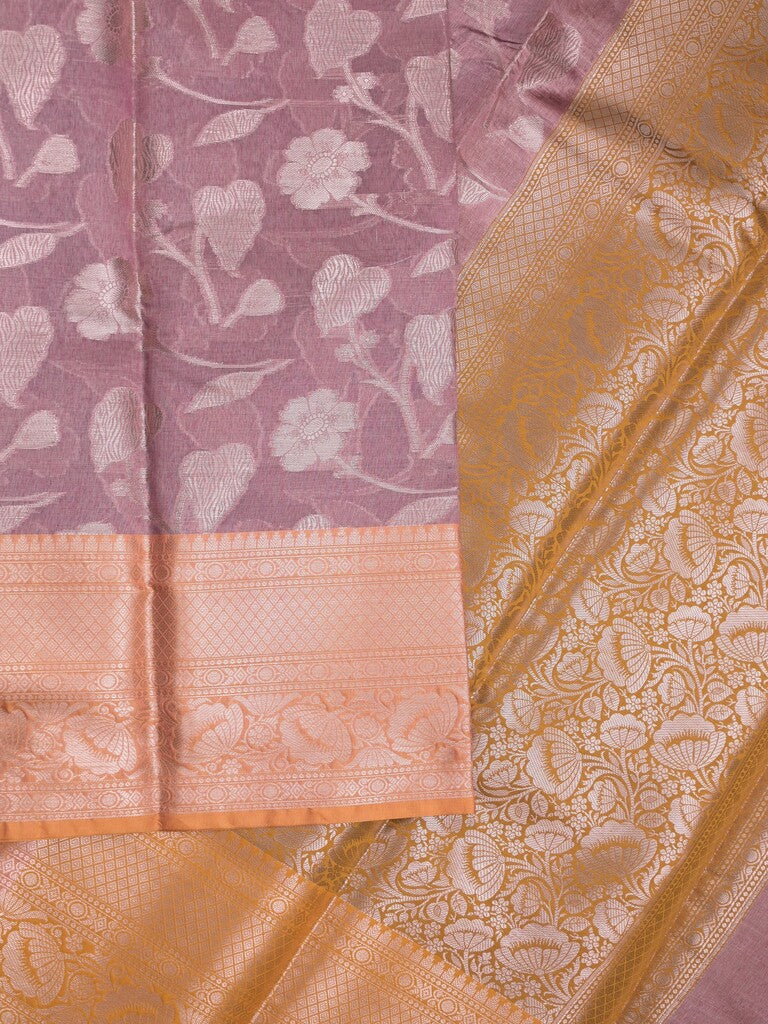 Chanderi fancy saree light purple color allover zari motifs & zari border with short pallu and contrast blouse