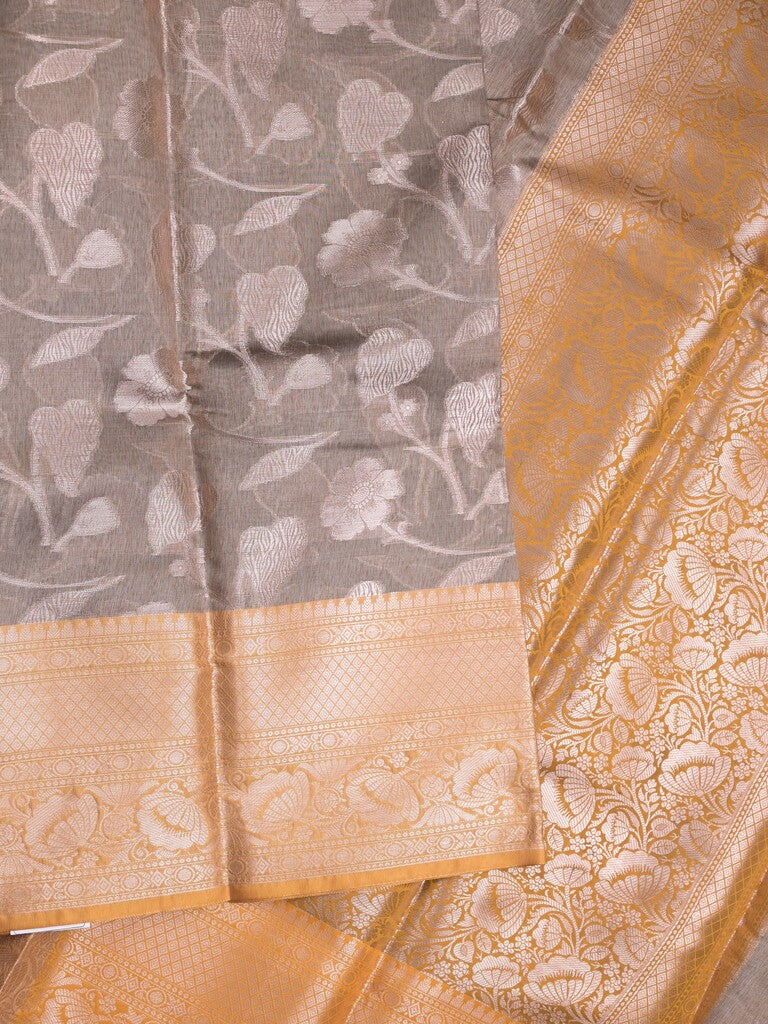 Chanderi fancy saree grey color allover zari motifs & zari border with short pallu and contrast blouse