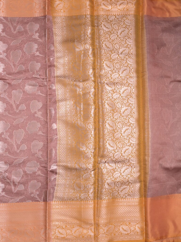 Chanderi fancy saree peach color allover zari motifs & zari border with short pallu and contrast blouse