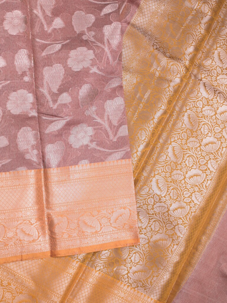 Chanderi fancy saree peach color allover zari motifs & zari border with short pallu and contrast blouse