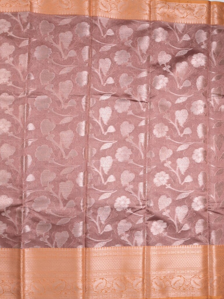 Chanderi fancy saree peach color allover zari motifs & zari border with short pallu and contrast blouse