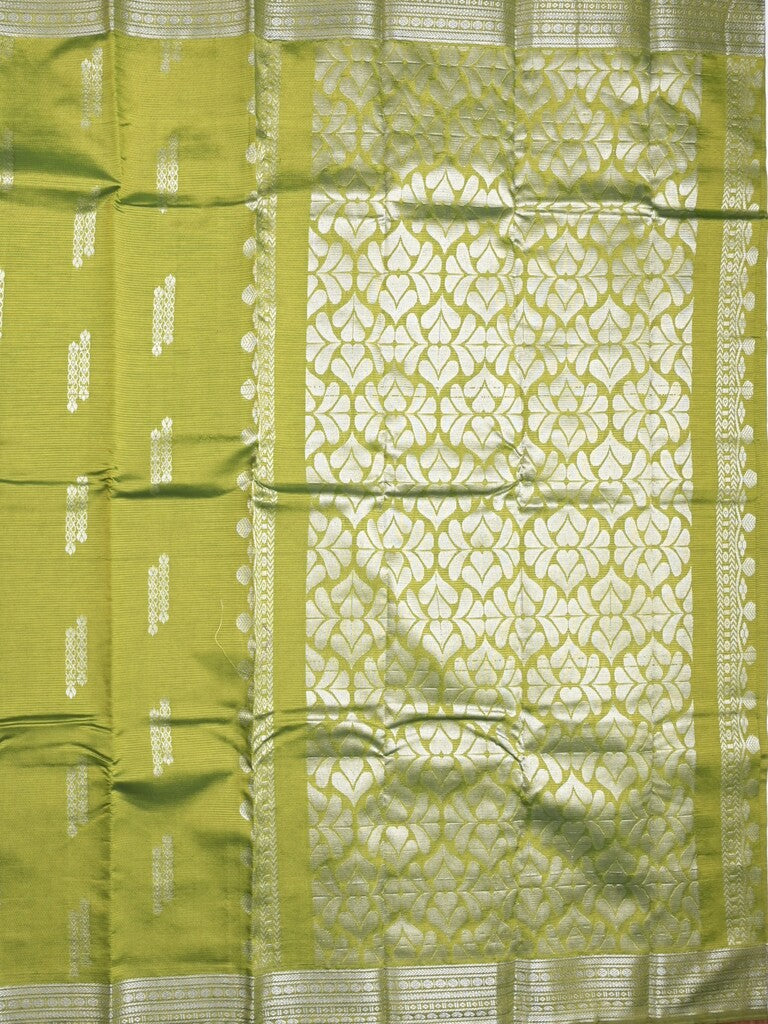 Mangalagiri fancy saree olive green color allover zari weaves & zari border with rich pallu and plain blouse