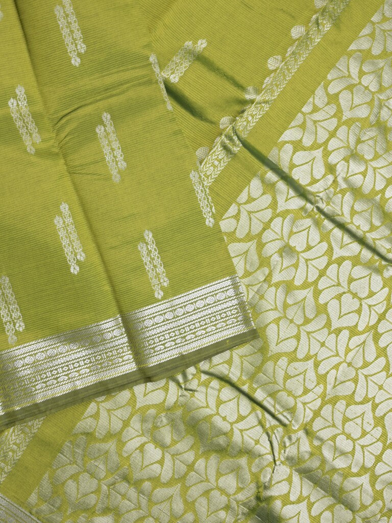 Mangalagiri fancy saree olive green color allover zari weaves & zari border with rich pallu and plain blouse
