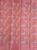 Chanderi tissue fancy saree peach color allover zari weaves & zari border with short pallu and contrast blouse