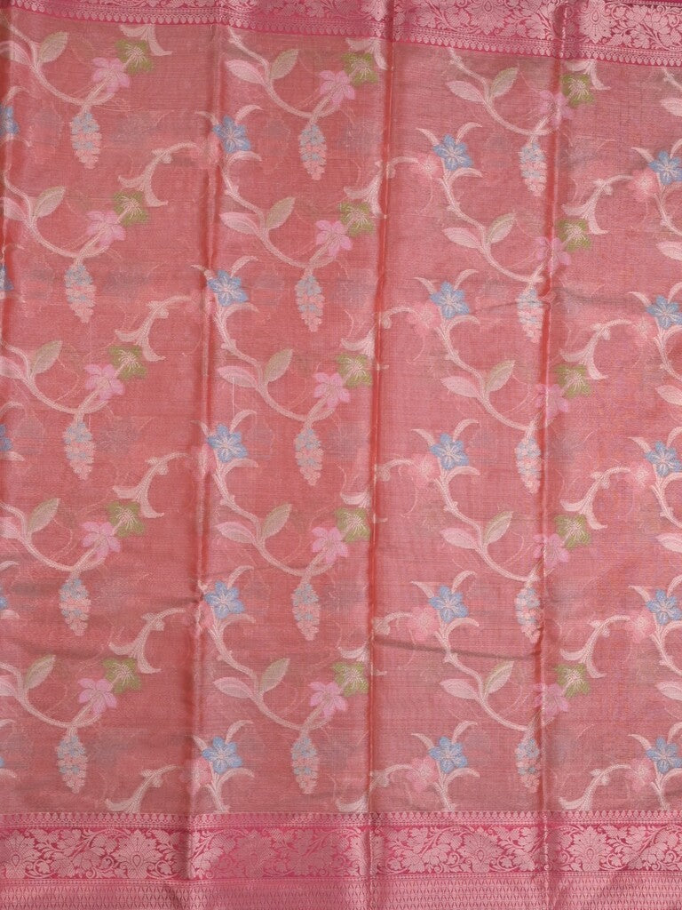 Chanderi tissue fancy saree peach color allover zari weaves & zari border with short pallu and contrast blouse