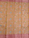 Chanderi tissue fancy saree light yellow color allover zari weaves & zari border with short pallu and contrast blouse