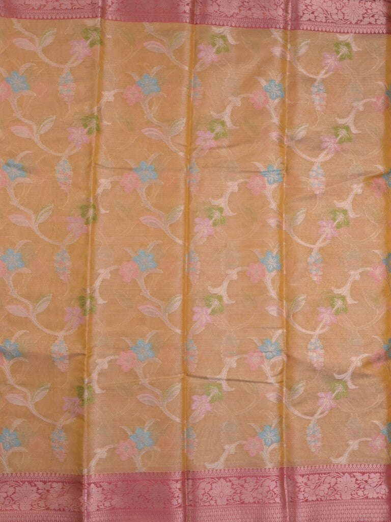 Chanderi tissue fancy saree light yellow color allover zari weaves & zari border with short pallu and contrast blouse