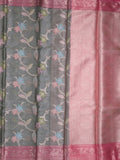 Chanderi tissue fancy saree grey color allover zari weaves & zari border with short pallu and contrast blouse