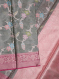 Chanderi tissue fancy saree grey color allover zari weaves & zari border with short pallu and contrast blouse