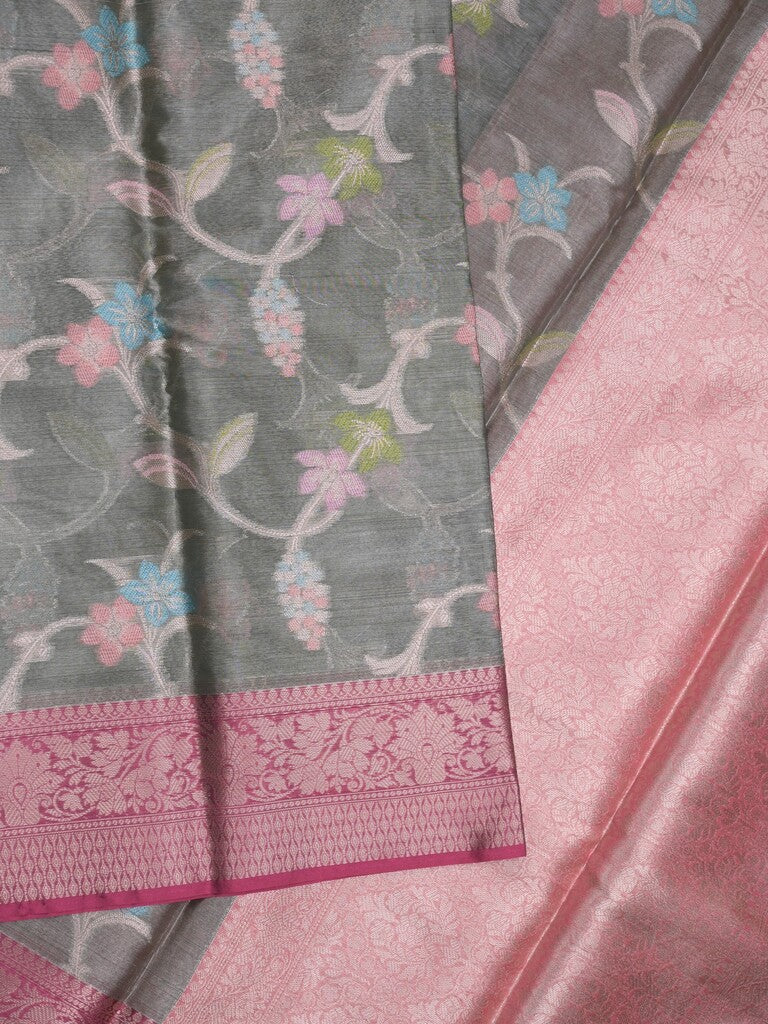 Chanderi tissue fancy saree grey color allover zari weaves & zari border with short pallu and contrast blouse