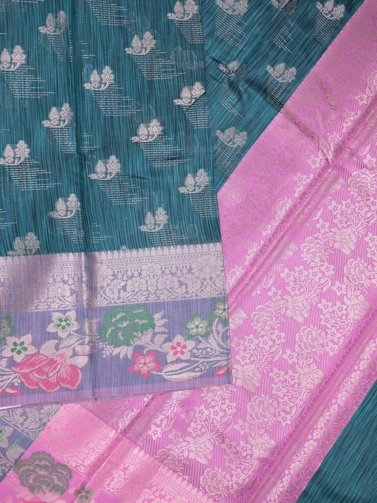 Chanderi fancy saree peacock blue color allover zari motifs & zari border with short pallu and contrast blouse