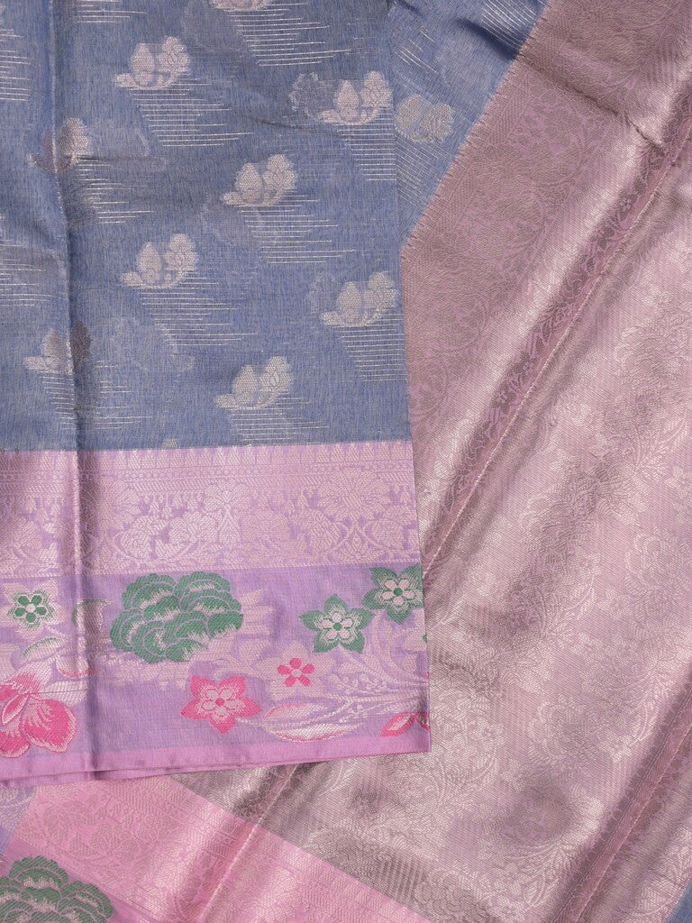 Chanderi fancy saree bluish grey color allover zari motifs & zari border with short pallu and contrast blouse