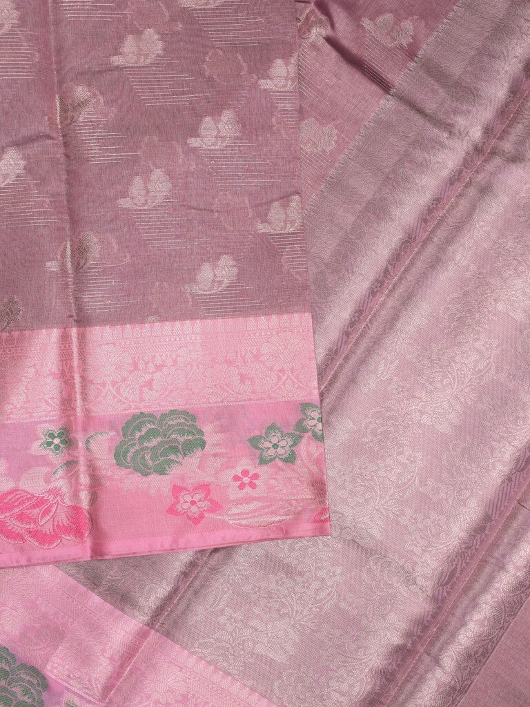 Chanderi fancy saree light purple color allover zari motifs & zari border with short pallu and contrast blouse