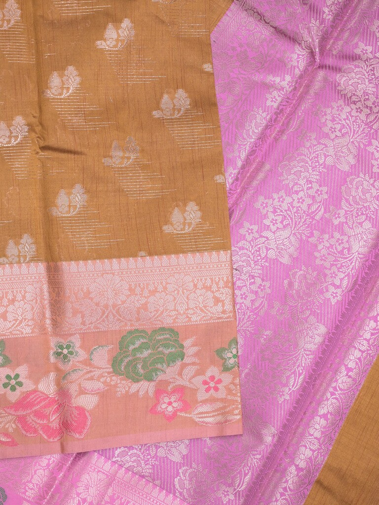Chanderi fancy saree mustard yellow color allover zari motifs & zari border with short pallu and contrast blouse
