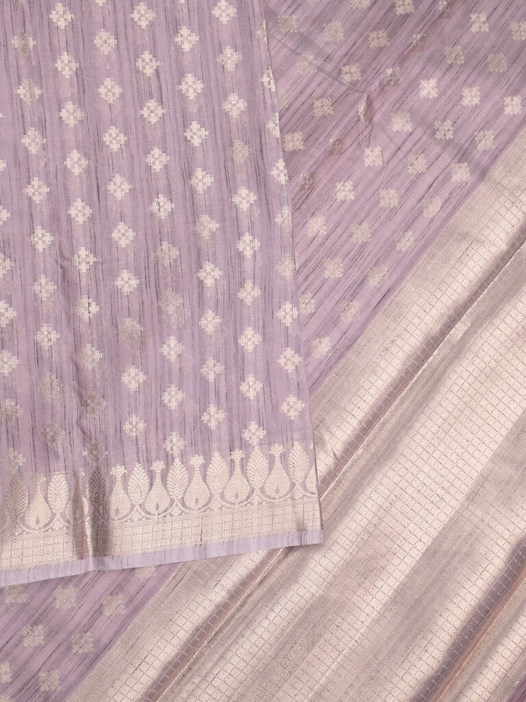 Chanderi jute fancy saree light purple color allover zari motifs & zari border with brocade pallu and attached brocade blouse