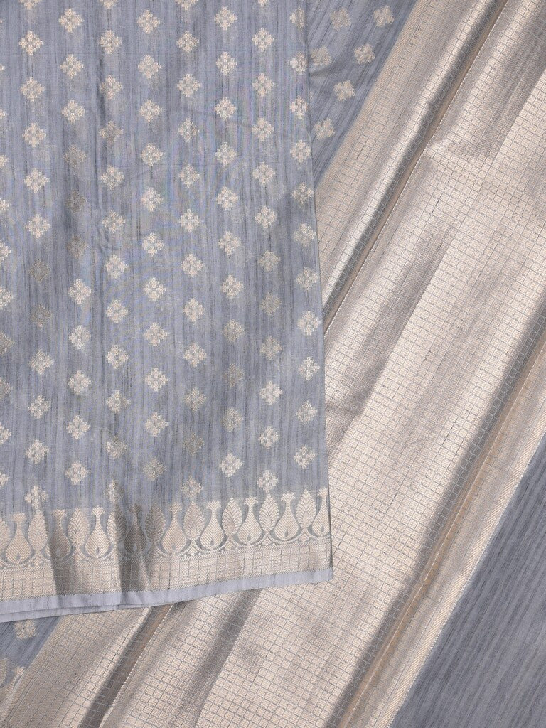Chanderi jute fancy saree light blue color allover zari motifs & zari border with brocade pallu and attached brocade blouse