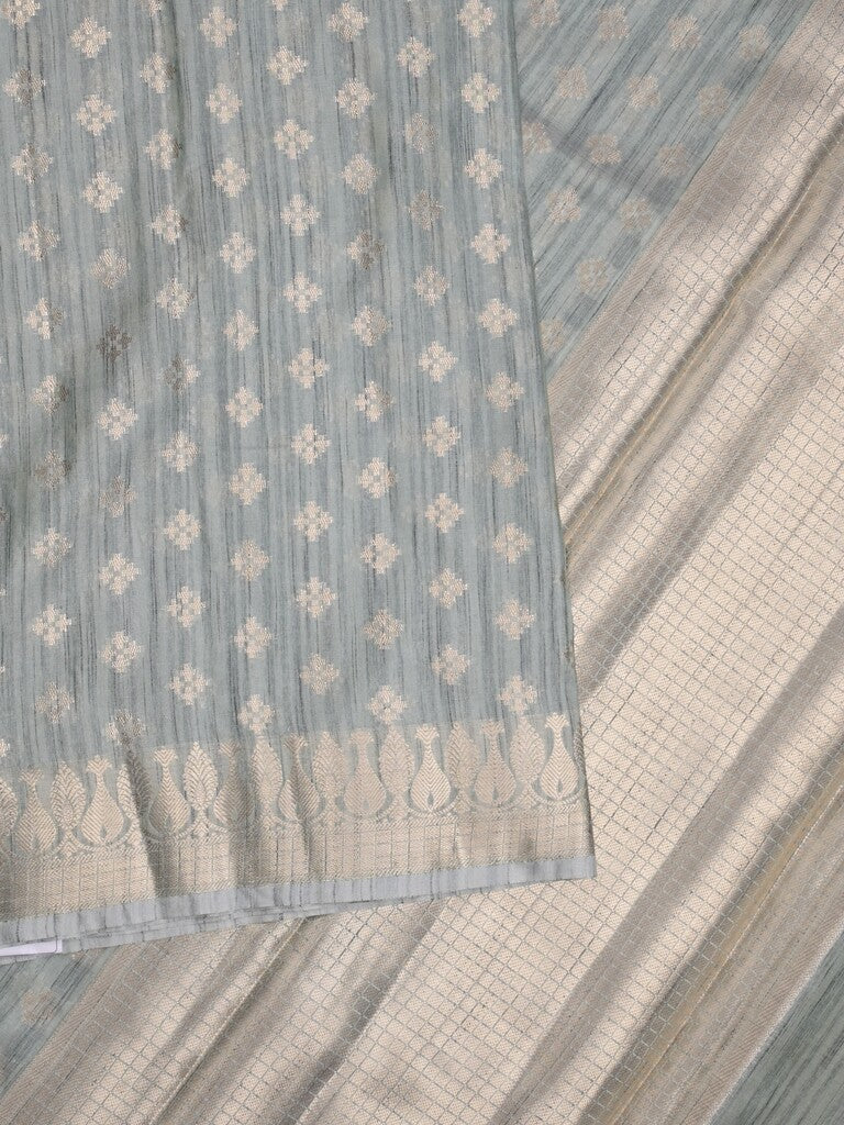 Chanderi jute fancy saree pastel blue color allover zari motifs & zari border with brocade pallu and attached brocade blouse
