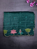 Soft organza fancy saree dark green color allover motifs & embroidery cutwork border with running pallu and contrast printed blouse