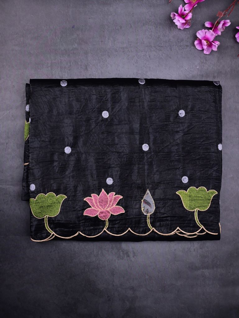 Soft organza fancy saree black color allover motifs & embroidery cutwork border with running pallu and contrast printed blouse