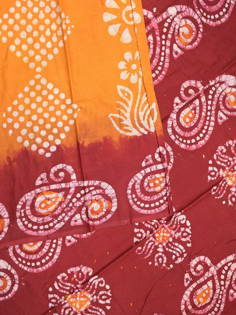 Maheswari cotton saree yellow color allover bathik prints & printed border with printed pallu and plain blouse