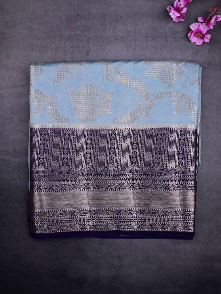 Banaras fancy saree sea blue color allover zari weaves & zari border with rich pallu and contrast brocade blouse