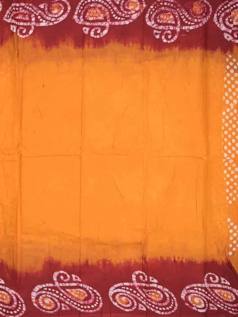 Maheswari cotton saree yellow color allover bathik prints & printed border with printed pallu and plain blouse