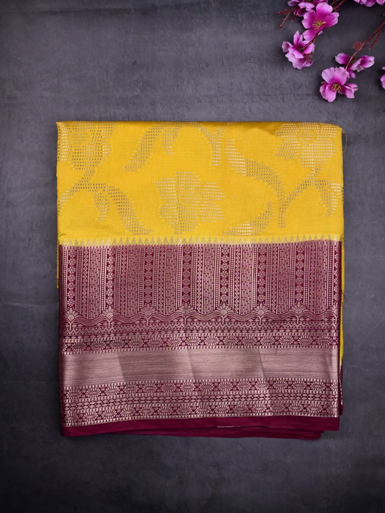 Banaras fancy saree golden yellow color allover zari weaves & zari border with rich pallu and contrast brocade blouse