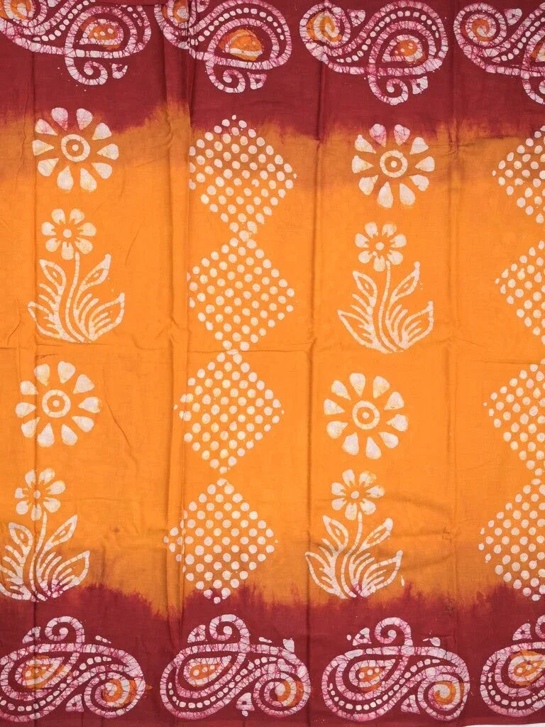 Maheswari cotton saree yellow color allover bathik prints & printed border with printed pallu and plain blouse
