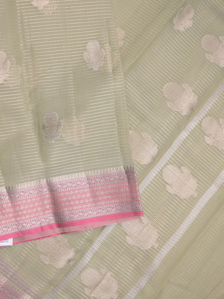 Chanderi fancy saree light snuff color allover zari weaves & zari border with short pallu and attached self blouse