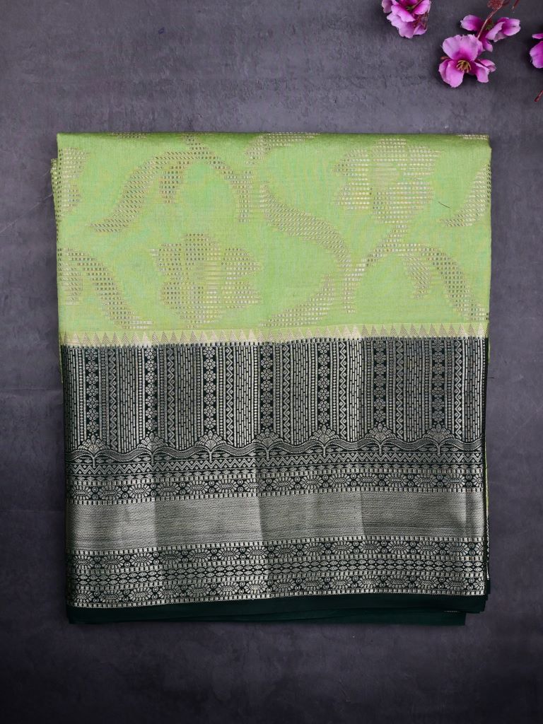 Banaras fancy saree pista green color allover zari weaves & zari border with rich pallu and contrast brocade blouse