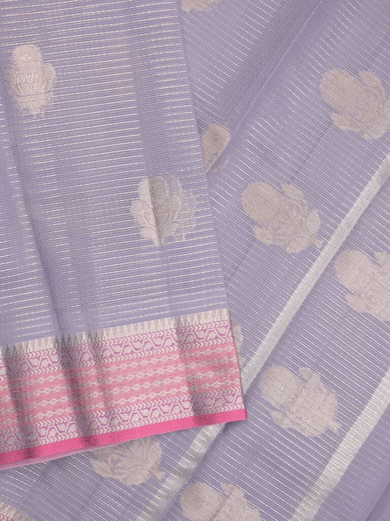 Chanderi fancy saree light lavender color allover zari weaves & zari border with short pallu and attached self blouse
