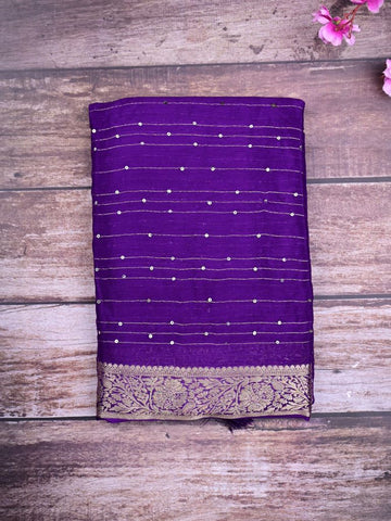 Chiffon fancy saree violet color allover stripes and sequence work & zari border with short pallu and attached blouse