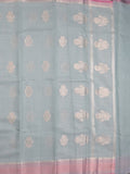 Chanderi fancy saree light blue color allover zari weaves & zari border with short pallu and attached self blouse