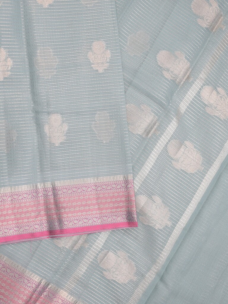 Chanderi fancy saree light blue color allover zari weaves & zari border with short pallu and attached self blouse