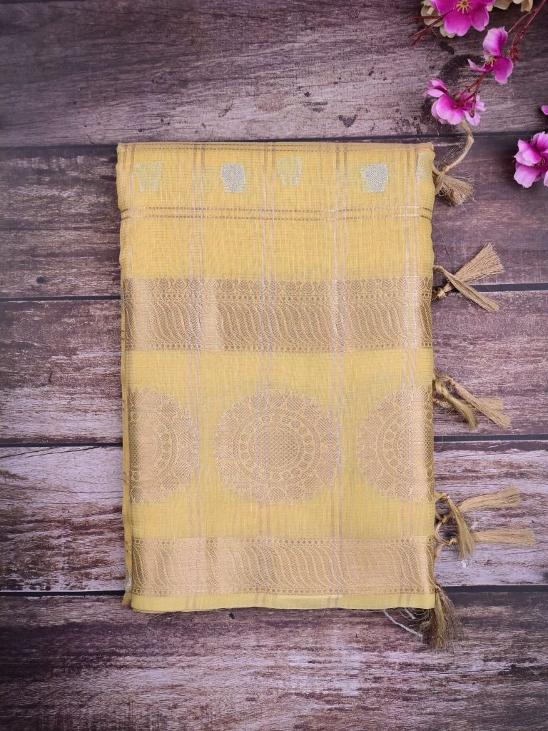 Kota tissue fancy saree light yellow color allover zari checks , motifs & zari border with short pallu and attached blouse